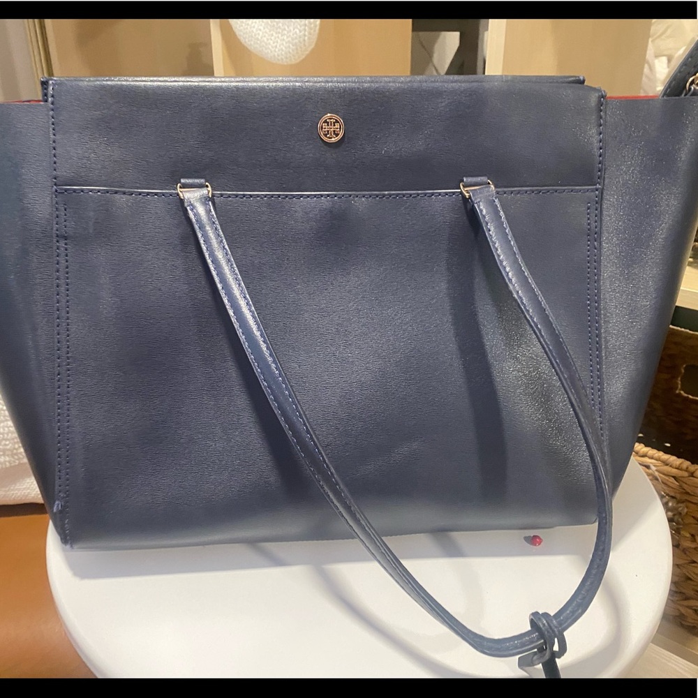 Tory Burch work shoulder bag - navy with beautiful red inside